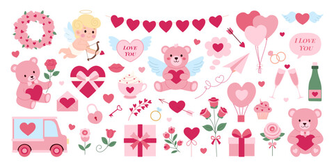 A collection of Valentine's Day themed images including a teddy bear, a cupcake, a car, a rose, a heart, and a balloon