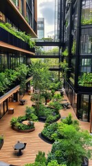 Obraz premium Modern Eco-Friendly Urban Architecture Featuring Lush Green Landscaping and Open Spaces in a Contemporary Office Setting