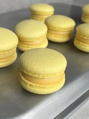 Bright Yellow Macarons with Lemon Cream Filling – Close-Up Perspective.Close-up shot of bright yellow macarons filled with creamy lemon-flavored ganache. Arranged in a neat row on a metal tray.