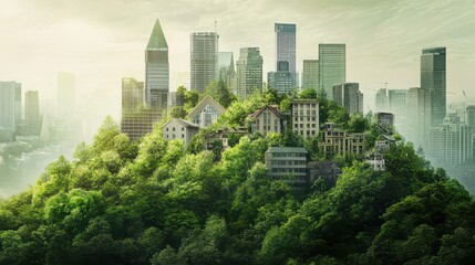 Obraz premium Lush Green Cityscape Buildings Overgrown by Nature, Environmental Harmony.