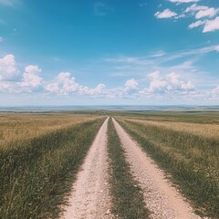 Obraz premium Serene Prairie Path A Journey Across Endless Grasslands Under a Summer Sky