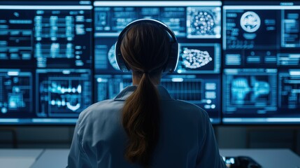 Quantum machines and computing development, A woman in a lab coat analyzes data on multiple screens, showcasing advanced technology and brain imagery in a modern research environment.