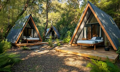 A Frame Cabins nestled in lush forest
