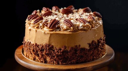 Delicious chocolate cake topped with creamy frosting and nuts