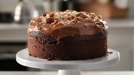Delicious Chocolate Cake with Nuts on a White Cake Stand