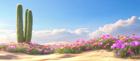 Desert cacti with blooming wildflowers under a sunny sky.