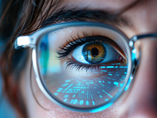 Eye, Glasses, Reflection, Technology, Digital, Screen, Close-up, Iris, Pupil, Eyelashes, Blue, Green, Code, Data, Computer, Monitor, Focus, Detail, Vision, Modern, Cyber, Gaze, High-tech, Glass, Lens,