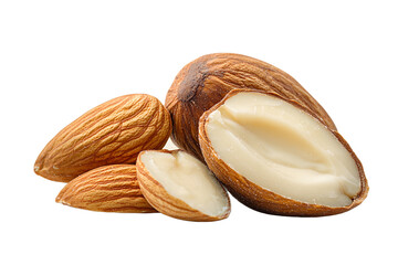 Whole and halved almonds isolated on transparent background.