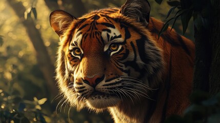 Fototapeta premium Majestic Tiger Portrait In Golden Forest Light