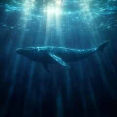 Fototapeta premium Serene Underwater Whale Silhouette Bathed in Sunlight