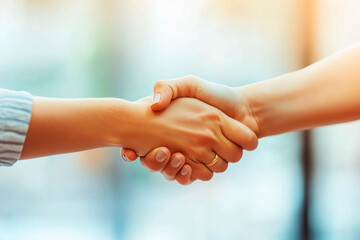 Close-up of a handshake symbolizing partnership, agreement, or teamwork with a soft blurred background