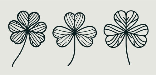 Illustrator Artwork, Hand Drawn Vintage Sketch Drawing, green leaves Line Art, Plants Collection branches Floral elements, set of Botanical Illustration Outline four leaf clover, Black And White leave