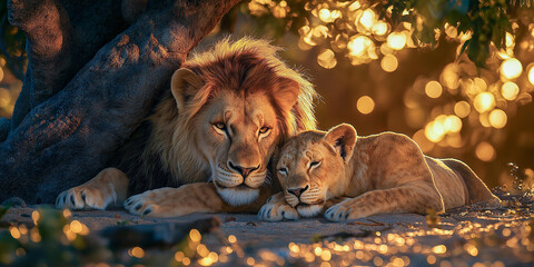 Lion and Cub at Sunset:  A majestic male lion rests protectively beside his young cub, bathed in the warm golden light of the setting sun.  A tender moment of wild beauty. 