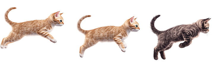 Obraz premium Kittens jumping in mid-air, showcasing playful movement and agility. Three adorable kittens, two orange tabbies and one gray tabby, captured in dynamic poses., isolated on transparent background, png