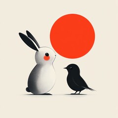 Cute rabbit and bird facing large red sun.