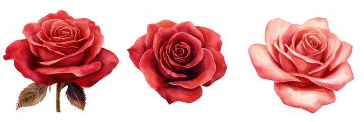 Obraz premium Roses collection, three red roses in different styles. Detailed petals, vibrant colors, realistic textures, artistic representation., isolated on transparent background, png