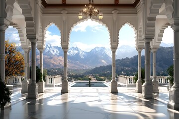 Obraz premium An ornate archway in an Indian palace, leading to the expansive courtyard with a view of distant mountains and blue sky. The architecture is intricate and detailed, showcasing traditional materials