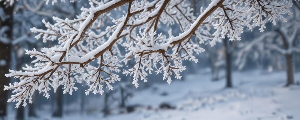 Obraz premium A snow-covered tree branch with delicate snowflakes hanging from it, quiet moment, snowy tree branch, winter wonderland scene