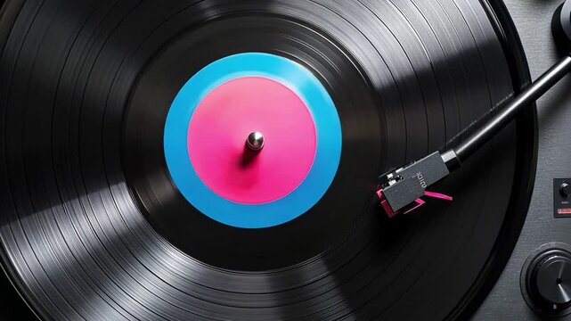 Vinyl Spin: A close-up shot of a turntable needle gently resting on a vibrant pink and blue vinyl record, capturing the essence of analog music.