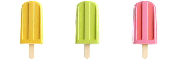 Colorful popsicles in yellow, green, pink, three flavors, wooden sticks, summer treat, refreshing dessert, isolated on transparent background, png