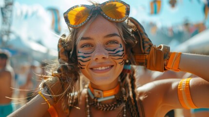 quadrobics . A girl wearing an tiger mask and holding hand gloves poses for the camera outdoors in summer. wide angle , downtown background