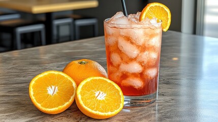 Refreshing Orange Drink with Ice Restaurant Interior Food Photography Cozy Environment Close-Up View Summer Vibes