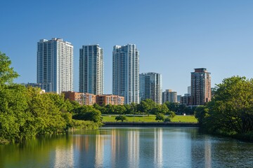 Obraz premium Urban real estate development a stunning view of highrise residential buildings by the river in a vibrant city skyline showcasing modern architecture and lush greenery