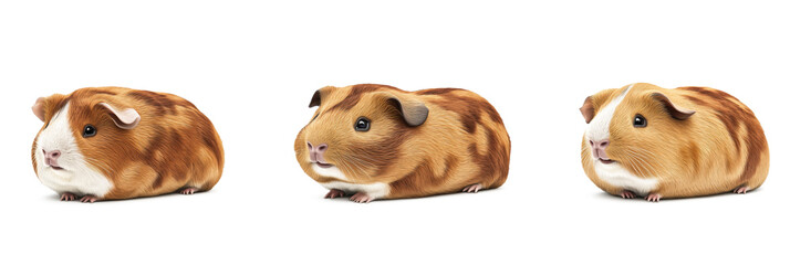 Fototapeta premium Guinea pigs in various poses, three adorable guinea pigs with brown and white fur, showcasing different expressions and angles, cute and fluffy, isolated on transparent background, png