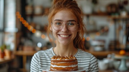 Happy birthday. A smiling woman with red hair and glasses wearing striped shirt holds out to camera a small birthday cake on the plate, in front of her there is table decorated for Birthday party