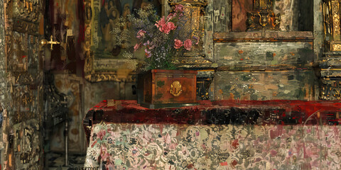 Floral Arrangement on Table with Ornate Background