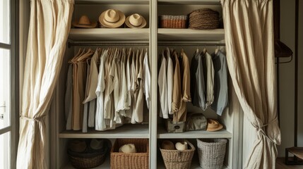 A functional built-in wardrobe filled with neatly hung casual clothes, hats arranged on shelves, and storage baskets, framed by linen curtains.