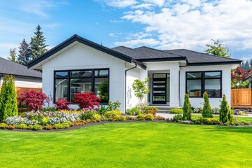 Contemporary suburban home with freshly landscaped garden residential area real estate showcase sunny environment front view modern living concept