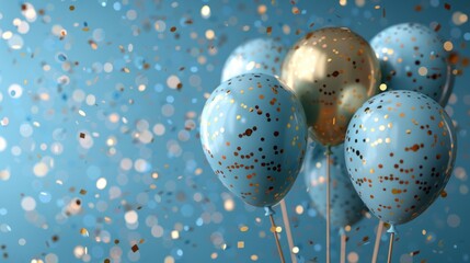 Happy birthday. 3D realistic blue balloons, golden and silver balloons flying on a light blue background with confetti in a birthday concept scene. All are in focus with brightness