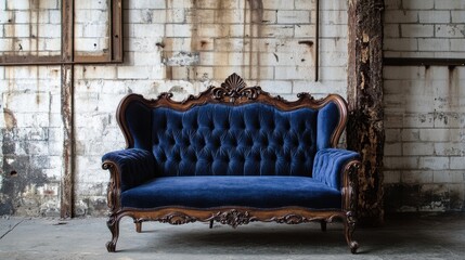 Elegant Vintage Blue Velvet Couch Against Grungy Wall Background