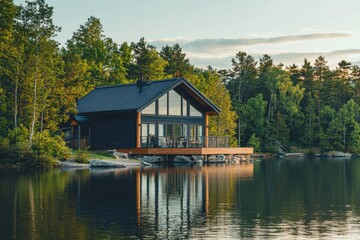 Fototapeta premium Charming lakefront cabin retreat for sale serene lakeside location real estate listing nature-inspired environment inviting viewpoint ideal getaway concept