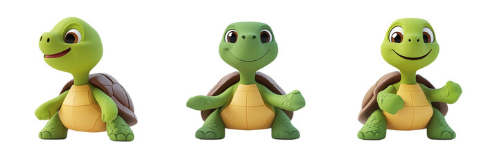 Fototapeta premium Cute cartoon turtles, three cheerful turtle characters with bright green shells and friendly expressions, showcasing different poses and smiles., isolated on transparent background, png