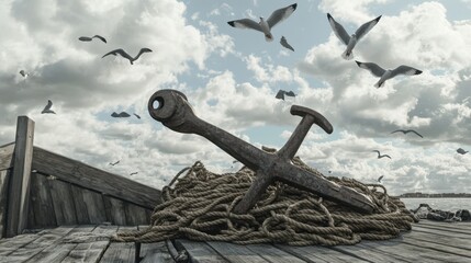 Old Rusty Anchor and Twisted Rope on Weathered Dock Under Clouds