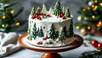 a New Year's holiday cake on a stand, decorated with decorations in the form of a Christmas tree forest, a New Year's celebration, on a New Year's decorated table.