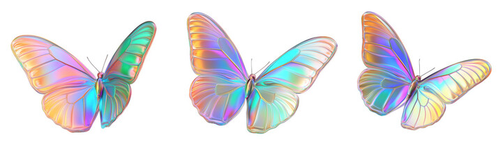 Colorful iridescent butterflies, three distinct designs, showcasing vibrant hues and delicate wings, reflecting light beautifully, isolated on transparent background, png
