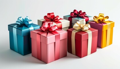 Obraz premium colored square gift boxes with ribbons on a white background