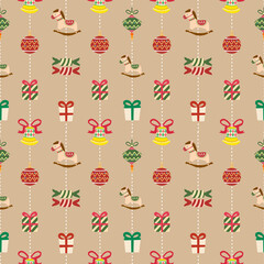 Naklejka premium Kids mobile for Christmas ornament theme on soft golden wallpaper. Seamless pattern.