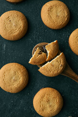 Homemade cookies with chocolate filling top view flat lay, food photography