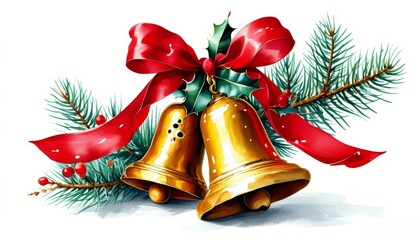 Christmas golden cockle bells with a red ribbon on a fir branch on a white background