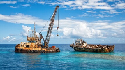 Fototapeta premium Abandoned Rusty Boats in Calm Blue Water Under Bright Sky