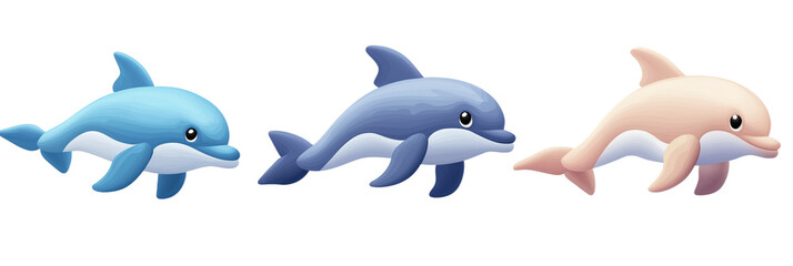 Fototapeta premium Colorful dolphins swimming, cartoon style, vibrant colors, playful expressions, blue, gray, pink, aquatic theme, isolated on transparent background, png