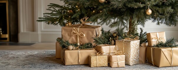 Obraz premium Festive Gifts Wrapped in Gold Paper Under Tree 