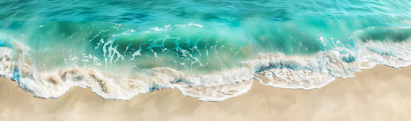 A beautiful turquoise ocean with soft waves on a sandy beach. Perfect for summer vacation or travel banner backgrounds.