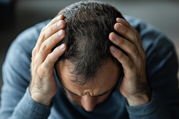 Fototapeta premium A man holds his head in distress, conveying feelings of anxiety and overwhelm in a somber setting.