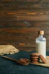Homemade brownie cookies and a bottle of milk, food photography