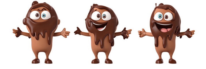 Fototapeta premium Chocolate characters with playful expressions, three cartoonish figures covered in chocolate, smiling and welcoming, vibrant colors, fun design, isolated on transparent background, png